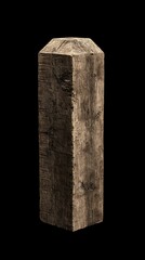 Isolated shot of a weathered, rectangular wooden post against a stark black backdrop