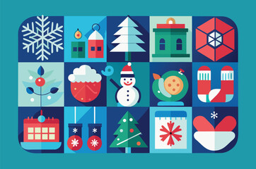  Christmas holiday elements and winter icons set on a blue background.