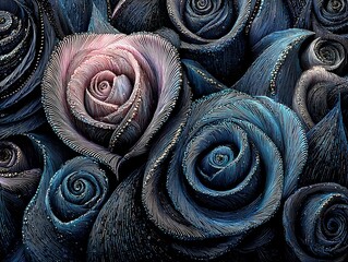 Intricate floral art with detailed roses in shades of blue and pink, elegant texture