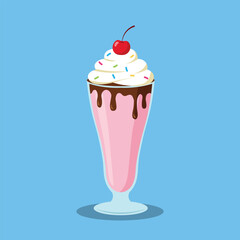Delicious strawberry milkshake with whipped cream and cherry on top isolated on blue background. Vector illustration of sweet pink fruit smoothie with chocolate syrup and sprinkles.  
