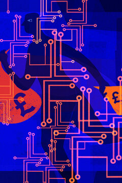 Computer hacker with sterling money bags