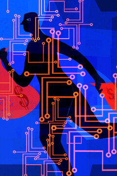 Computer hacker with dollar money bags