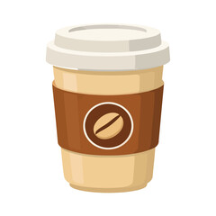 vector illustration of a takeaway coffee cup with brown sleeve featuring coffee bean logo, white lid, and beige body. Perfect for cafe, beverage, morning concepts.