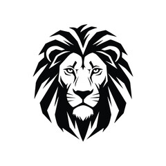 Obraz premium A symmetrical black lion head on a white background, bold lines and a fierce look