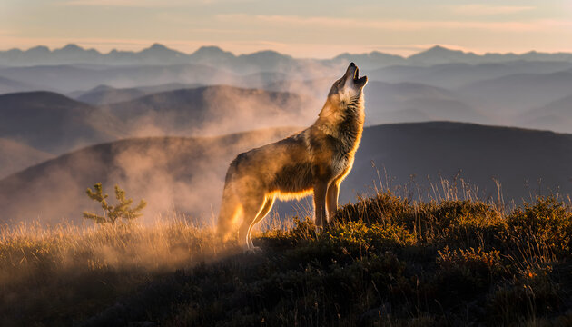 Majestic Wolf Howling on Misty Mountain Ridge with Golden Sun Light