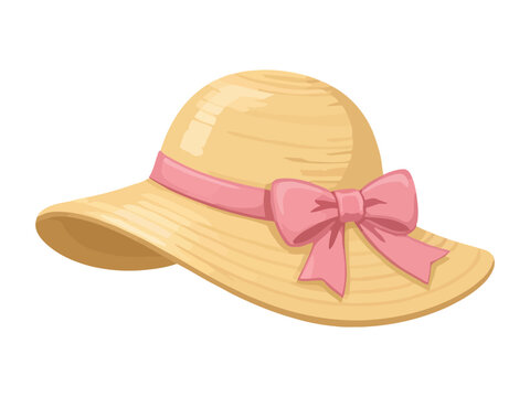 vector illustration of a straw sun hat with wide brim and pink ribbon bow.