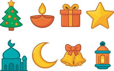 Fototapeta premium Festival and Religion Flat Icon Set – Christmas, Islamic, Diwali Symbols Vector