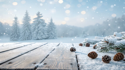 Snowy Pine Cones on Wooden Table with Winter Forest Background and Falling Snow Stock Photo pine, cones, snow, winter, wooden, table, forest, falling, snowy, christmas, holiday, background, frost,