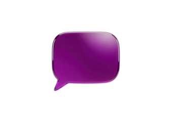 Gradient deep violet glassmorphism message bubble icon floating isolated on a clean white background for modern app UI design with soft light reflections.