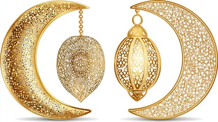 Intricate golden crescent moons with ornate lanterns hanging from a shimmering surface