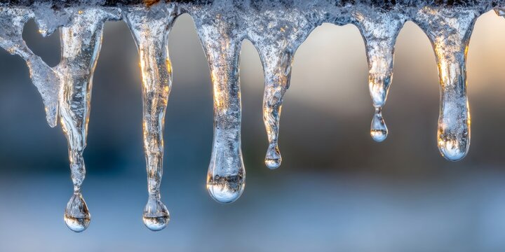 Icicles melting with water drops reflecting golden light, signifying the arrival of spring and changing seasons