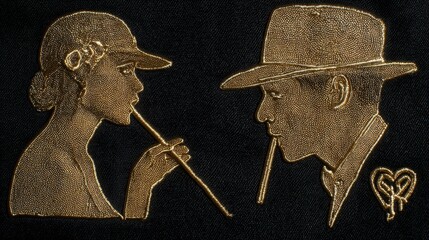 Intricate golden relief sculpture of a stylish couple, posed with pipes, against black backdrop