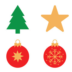 Christmas-themed icons on a white background. Top left: a green Christmas tree silhouette. Top right: a gold star with five points. Bottom left: a red round ornament with a gold star at its center. 
