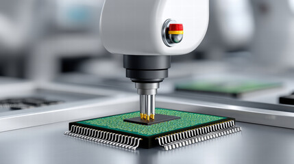 Robotics in telecom infrastructure electronics concept with robotic arm assembling microchip on circuit board