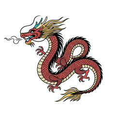 Fototapeta premium A red and gold dragon with flowing mane and smoke breath, isolated on white