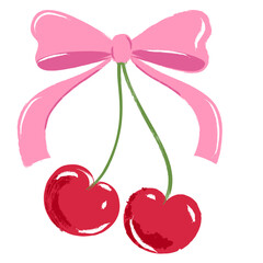 Vector watercolor cherry with bow ribbon. Hand drawn isolated berries illustration. Trendy vintage print design element