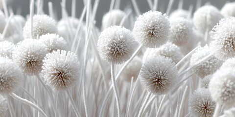 White frosty plants with round seed heads creating a soft, delicate winter background. Abstract natural texture