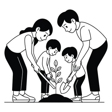 A loving family engages in a joint tree planting activity, fostering environmental care