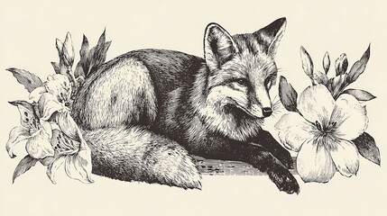 Intricate ink illustration of a resting fox adorned with delicate floral arrangements