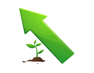 A green arrow points up, emerging from a small seedling in soil.