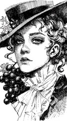 Intricate ink illustration of a woman in a wide-brimmed hat, adorned with grapes