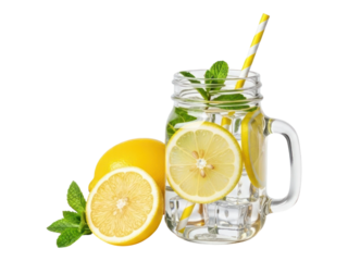 Refreshing homemade lemonade with fresh lemon slices and mint leaves in a glass mason jar isolated on transparent background