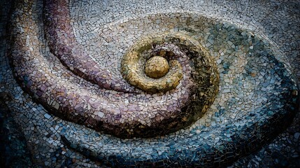Intricate mosaic art featuring a swirling pattern with a golden center