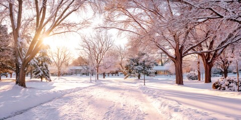 Snow covered park path at sunrise with sunbeams shining through bare tree branches creating a serene winter landscape