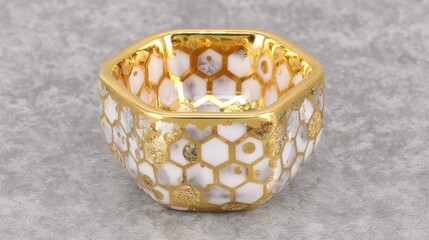 Intricate octagonal bowl with gold trim and textured interior sits on a neutral stone surface