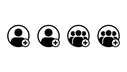 Four black user with plus symbols indicating adding people or users to a group or profile
