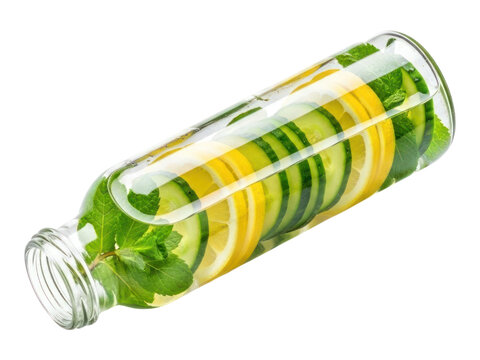Refreshing detox water with vibrant sliced lemon, crisp cucumber, and fresh mint leaves isolated on transparent background