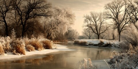 Winter landscape with freezing river flowing through snow covered bank and frost laden trees