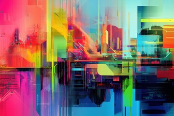 Abstract neon city interior with geometric forms