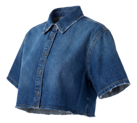 Cropped denim shirt featuring raw edges and short sleeves.