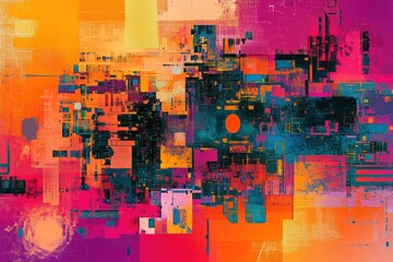 Abstract digital city collage with bright colors