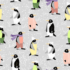 Vector - Pinguins seamless pattern, colorful dressed.
