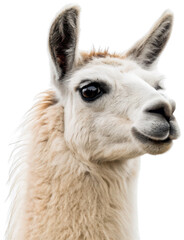 Obraz premium A strikingly detailed and realistically rendered portrait showcases a fluffy, cream-colored llama with large, expressive dark eyes and long, gently curved ears,, isolated on transparent background.