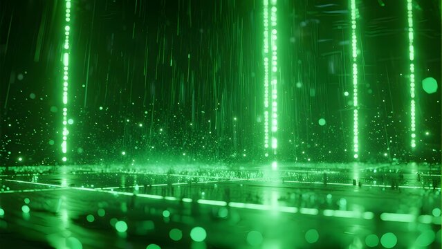 Green digital rain effect with glowing vertical lines and particles in a futuristic environment