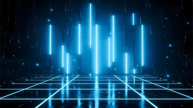 Digital grid with glowing blue vertical lines and falling light particles in a futuristic space