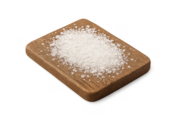 Sea salt crystals on wooden serving board with transparent background