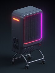 Isometric render of a futuristic, mobile air-cooling or heating unit, neon accents