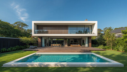 Fototapeta premium Modern luxury home with swimming pool and expansive wooden deck on a sunny day