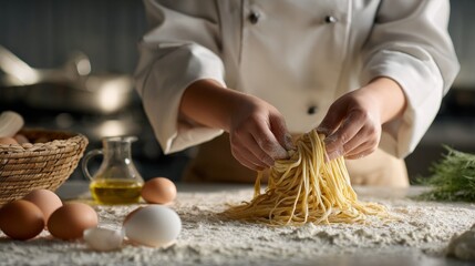 In a warmly lit kitchen, a talented chef focuses on stretching fresh pasta dough. Flour dusts the surface while eggs and olive oil await the culinary masterpiece