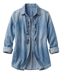 Denim shirt featuring ruffle accents along the button placket.