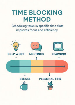 Infographic time management productivity with time blocking method to schedule deep work meetings learning breaks and personal time