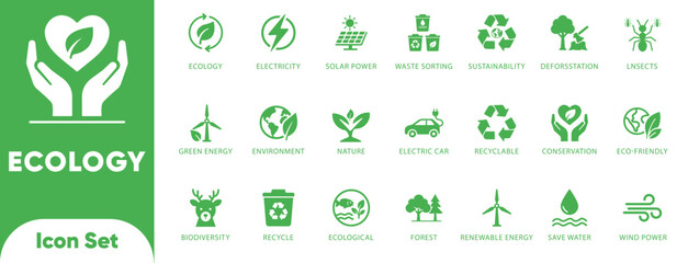 Ecology and green energy icon set. Features solar panel, waste sorting, forest, and electric car symbols. Ideal for recycling apps and green tech UI.