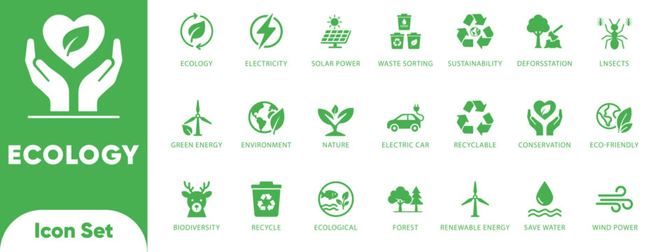 Ecology and green energy icon set. Features solar panel, waste sorting, forest, and electric car symbols. Ideal for recycling apps and green tech UI.