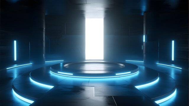 Futuristic interior with glowing blue circular platform and illuminated doorway