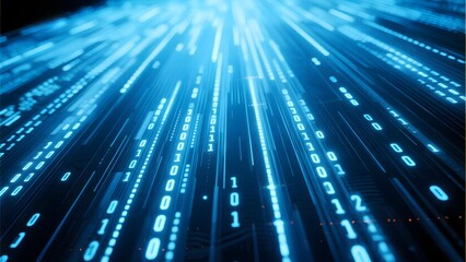 Digital binary code streams glowing in blue light, representing data flow and digital information processing.