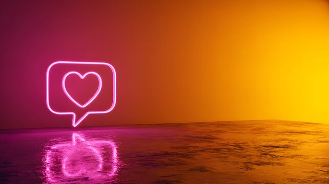 Neon heart symbol in speech bubble on vibrant orange background - Powered by Adobe